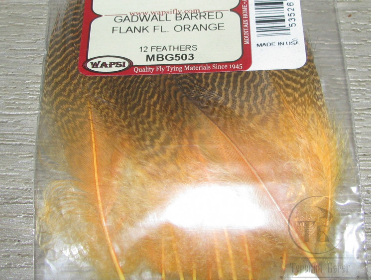 Перья селезня серой утки флюр оранжевые 12 шт. Gadwall Barred Flanks Fl. Orange Wapsi 