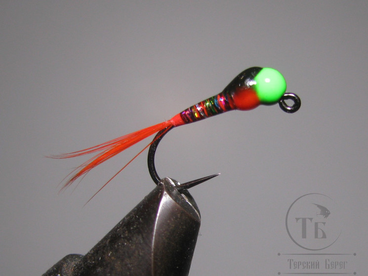 Муха нимфа с вольфрамовой головкой ( 2 A ) Jig Nymph TNG Fl. Green Head  Peacock Red Tag TMC BL № 12 (безбородый)