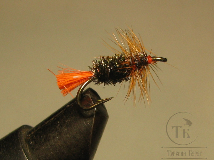 Муха на двойнике (ДВХ № 34) Fl Hot Orange Tag Peacock двойник Кр. № 14
