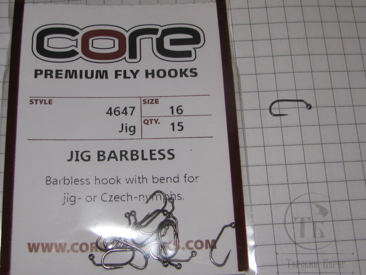 Крючок джиговый безбородый Jig Barbless # 16 (15 шт.) Premium Fly Hook Core