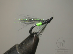 Mуха лососевая на двойнике SM ( 2 ) Fl. Green Butt крючок Partridge P Heavy Double Black № 10