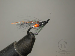 Mуха лососевая на двойнике SM ( 3 ) Fl. Orange Butt крючок Partridge P Heavy Double Black № 10