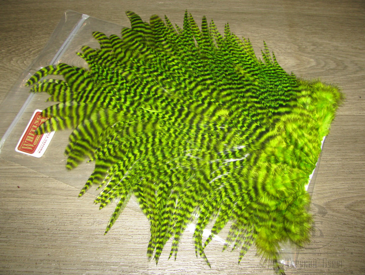 Седло петуха с широким пером Whiting Rooster Saddle 4BS Grizzly Fl. Green Chartreuse