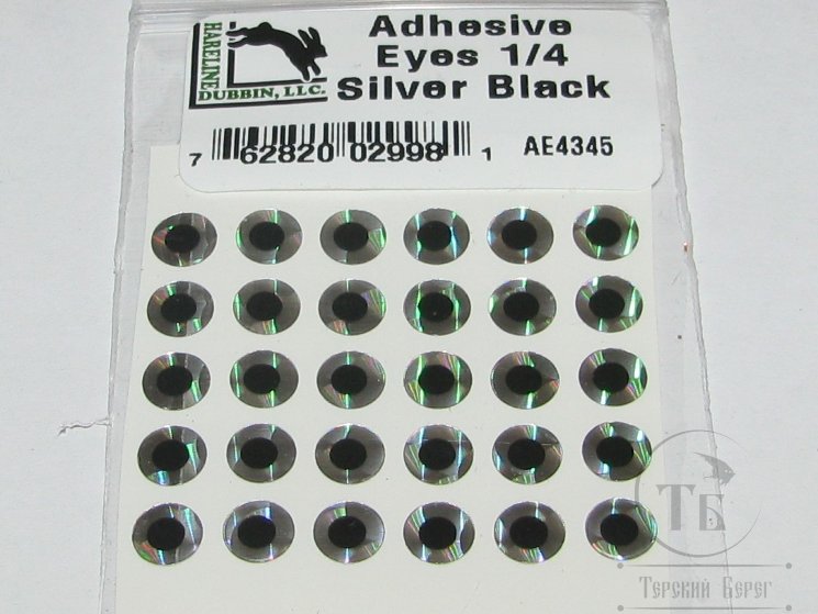 Глазки голографические Adheisve Eyes 1/4 (6,4 мм) Silver Black (30шт) Hareline