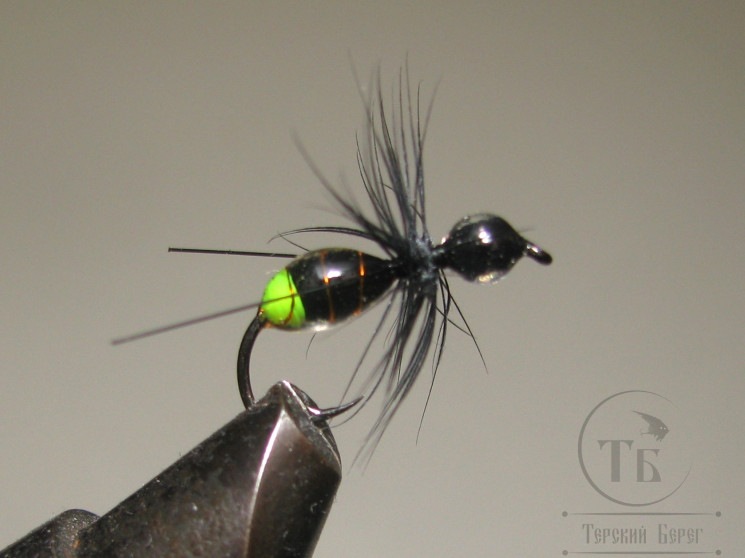 Муха муравей Ant ( 104 ) Black Fl. Chartreuse Tag Epoxy Kumho Dry № 10