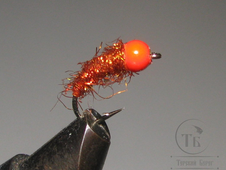 Муха нимфа с вольфрамовой головкой ( 6 ) Nymph Scud Claret TNG Fl. Orange Head №8