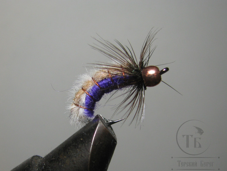 Муха нимфа Scud ( 48 ) Copper Head Gray Purple крючок Chinu Ring № 8