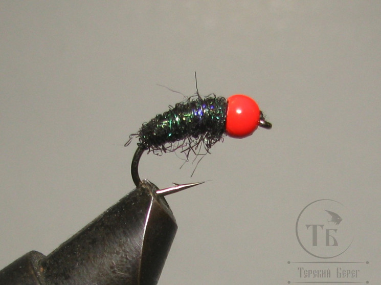 Муха нимфа с вольфрамовой головкой ( 9 ) Nymph Scud Black TNG Fl. Orange Head №10